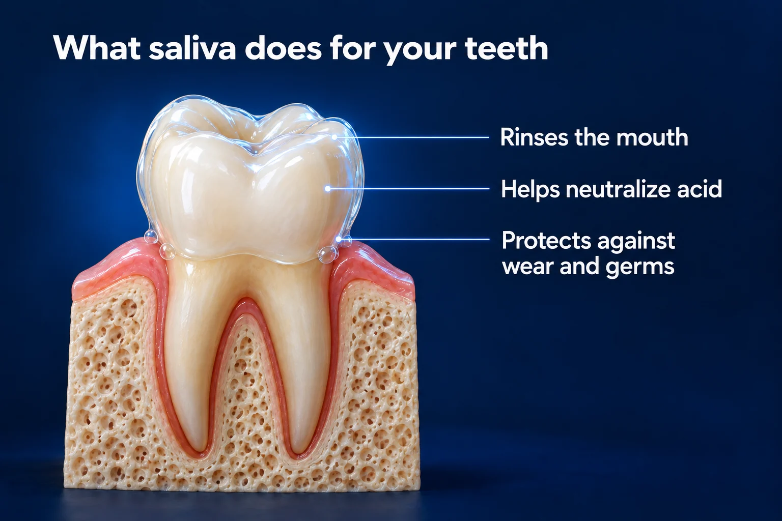 A healthy molar in gum and bone on a dark blue background, its crown wrapped in a clear, glossy film with a few droplets at the gumline. The title reads What saliva does for your teeth, with labels Rinses the mouth, Helps neutralize acid, and Protects against wear and germs.