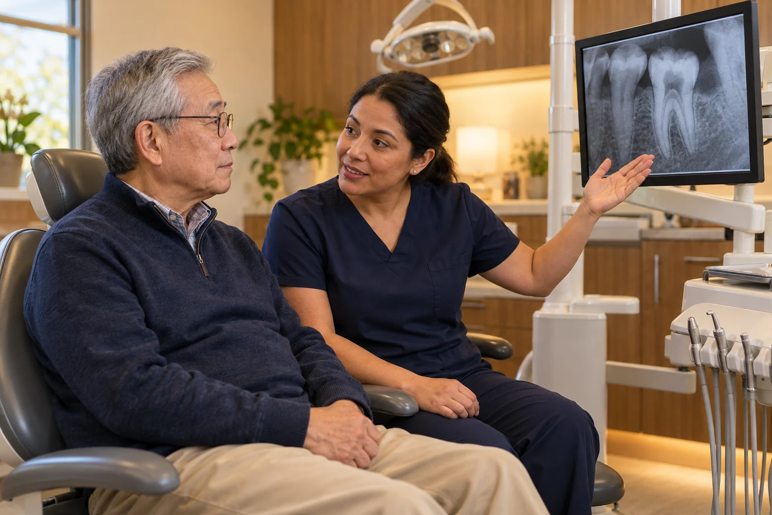 An endodontist in navy scrubs sits beside an older man with glasses in a dental chair and points to a tooth X-ray on a chairside monitor. He listens closely in a warm room with wood cabinets and plants.