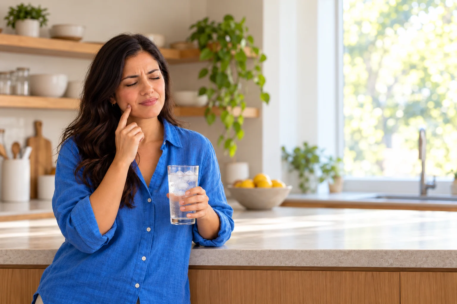 A woman in a blue linen shirt stands at a kitchen counter holding a glass of ice water. She winces a little and touches her cheek with one finger, waiting for a tooth twinge to pass.