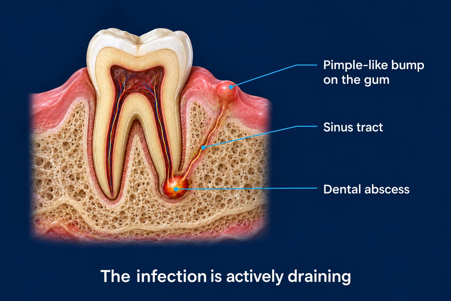 A molar cut in half in gum and bone on a dark blue background. A small red pocket sits at the tip of one root, and a thin channel runs up through the bone to a small bump on the gum. Labels read Pimple-like bump on the gum, Sinus tract, and Dental abscess, with the caption The infection is actively draining.