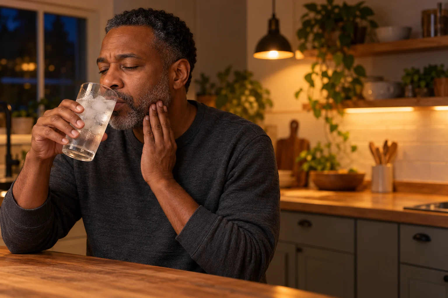 A man with a gray-flecked beard sips a glass of ice water in a warm kitchen at night. His eyes are half closed and his other hand rests on his jaw, as if the cold is easing an ache for a moment.