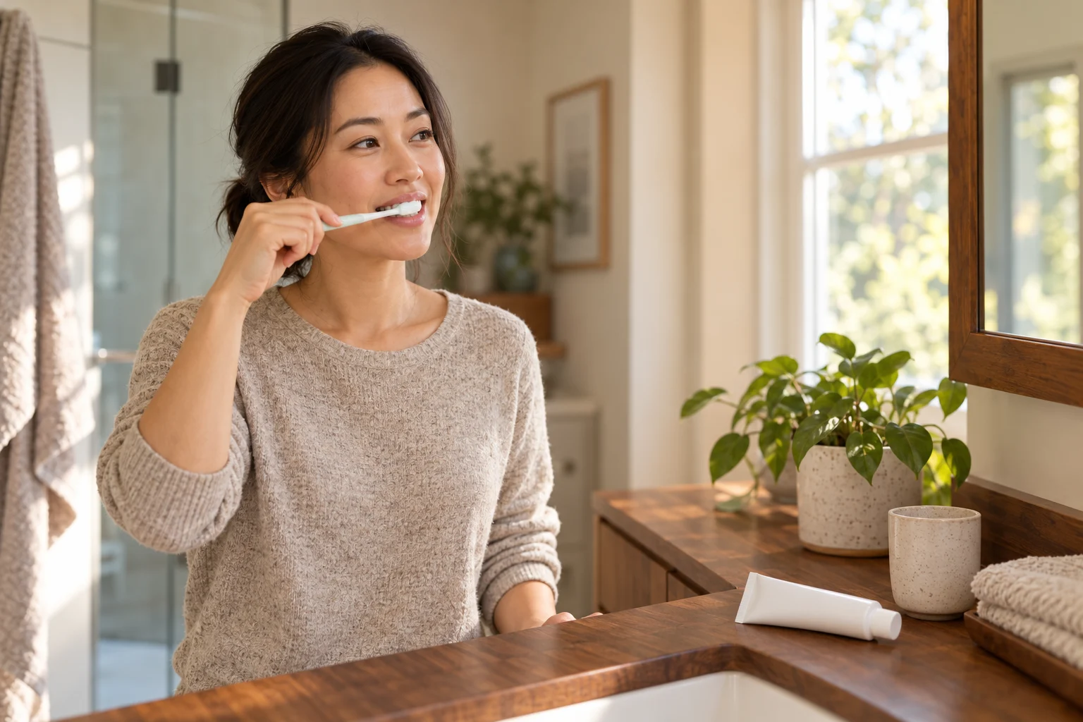 A woman in a soft knit top brushes her teeth with a soft toothbrush in a sunny bathroom. A plain white toothpaste tube, a plant and a cup sit on the warm wood counter beside her.