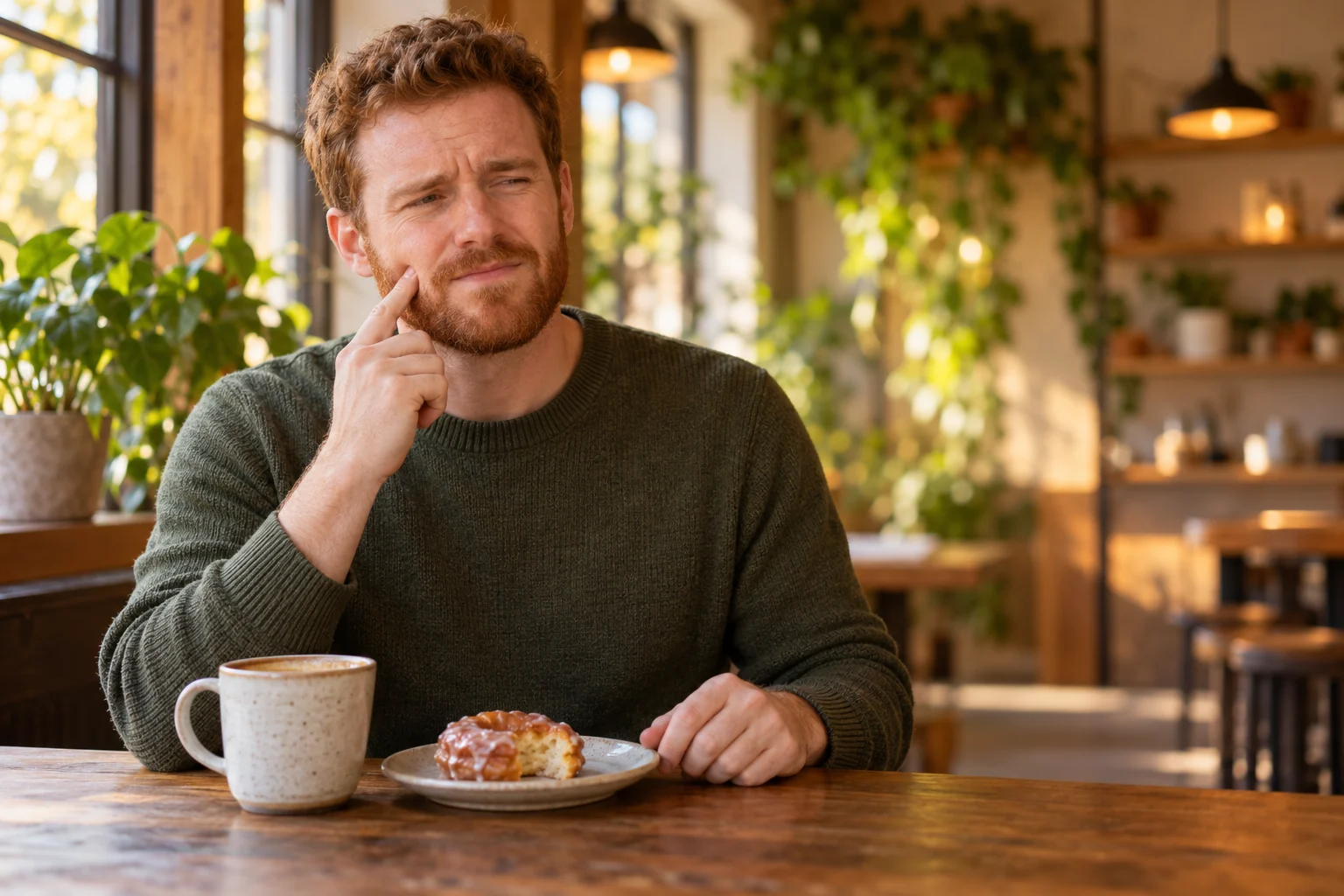 A man with a red beard and a green sweater sits at a wooden cafe table with a coffee and a half-eaten glazed pastry. He squints a little and touches one finger to his cheek, as if he just felt a quick twinge.