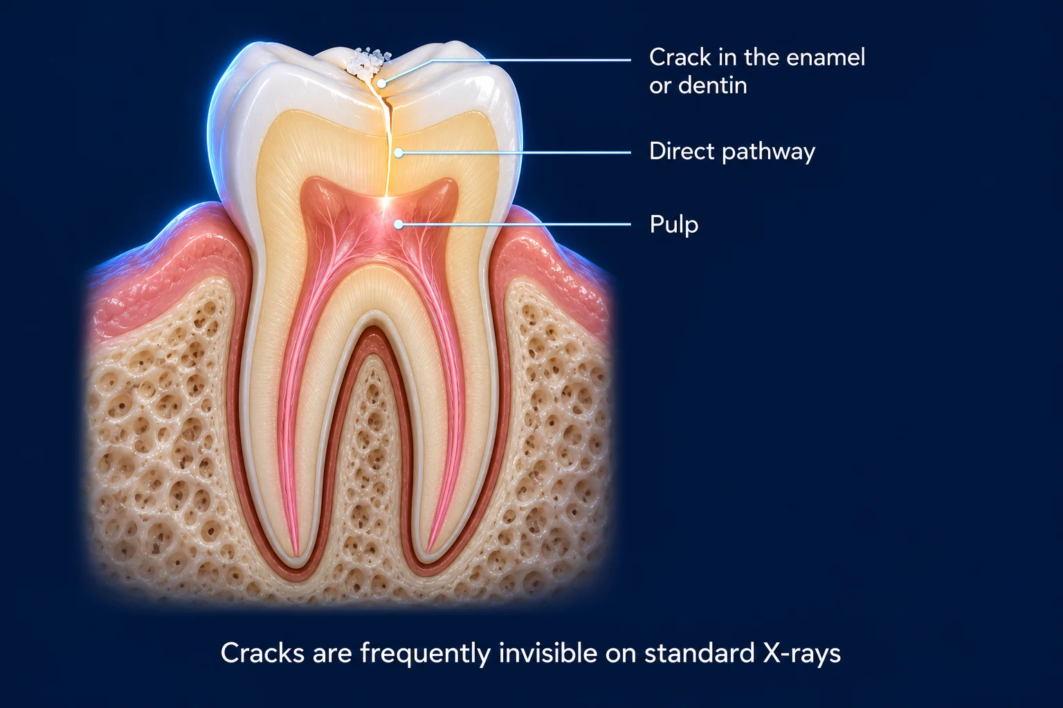 A molar cut in half on a dark blue background. A few sugar crystals sit at the top of a thin crack in the crown, and a glowing line runs down the crack to the pink pulp. Labels read Crack in the enamel or dentin, Direct pathway, and Pulp, with the caption Cracks are frequently invisible on standard X-rays.