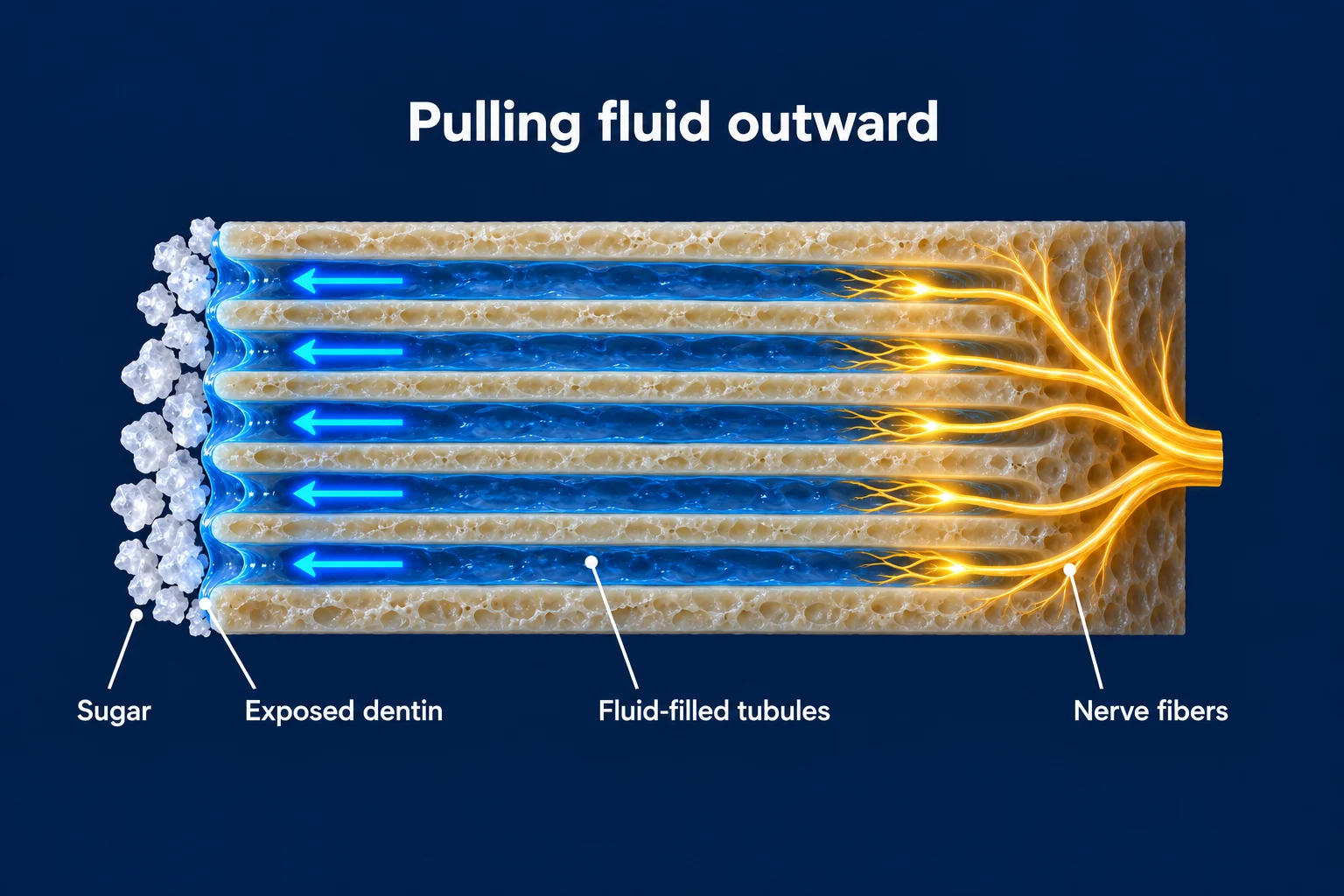 A close-up slice of dentin on a dark blue background, titled 'Pulling fluid outward'. Sugar crystals sit on the left edge, blue fluid in long tubes flows left toward them, and gold nerve fibers glow at the right end. Labels read Sugar, Exposed dentin, Fluid-filled tubules and Nerve fibers.