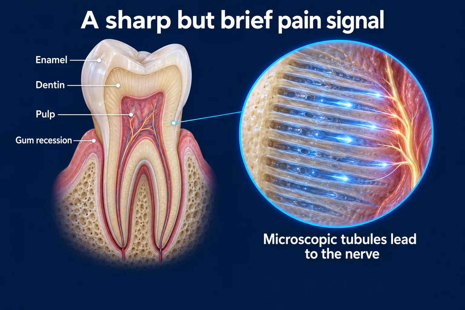 A molar cut in half on a dark blue background under the title A sharp but brief pain signal. Labels point to the enamel, dentin, pulp and an area of gum recession, and a round close-up shows tiny tubules leading to the nerve.