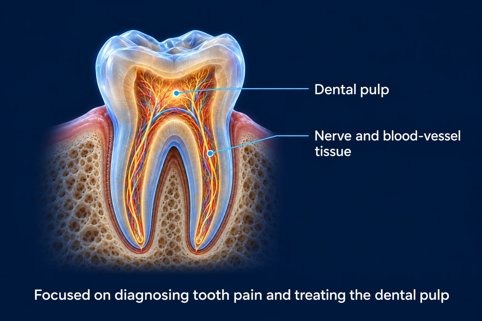 A healthy molar drawn as if made of frosted glass on a dark blue background. Inside, glowing gold nerves and red and blue blood vessels branch from the center down both roots. Labels read Dental pulp and Nerve and blood-vessel tissue, with the caption Focused on diagnosing tooth pain and treating the dental pulp.