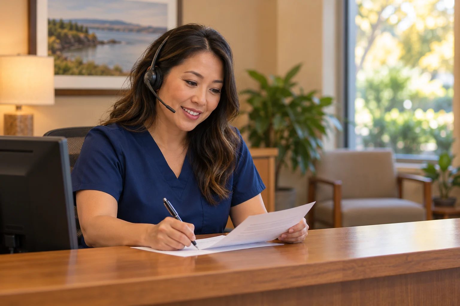 A smiling office coordinator in navy scrubs and a headset sits at a wood front desk, writing a note on a paper form during a call. A waiting room chair, a plant and a sunny window are behind her.