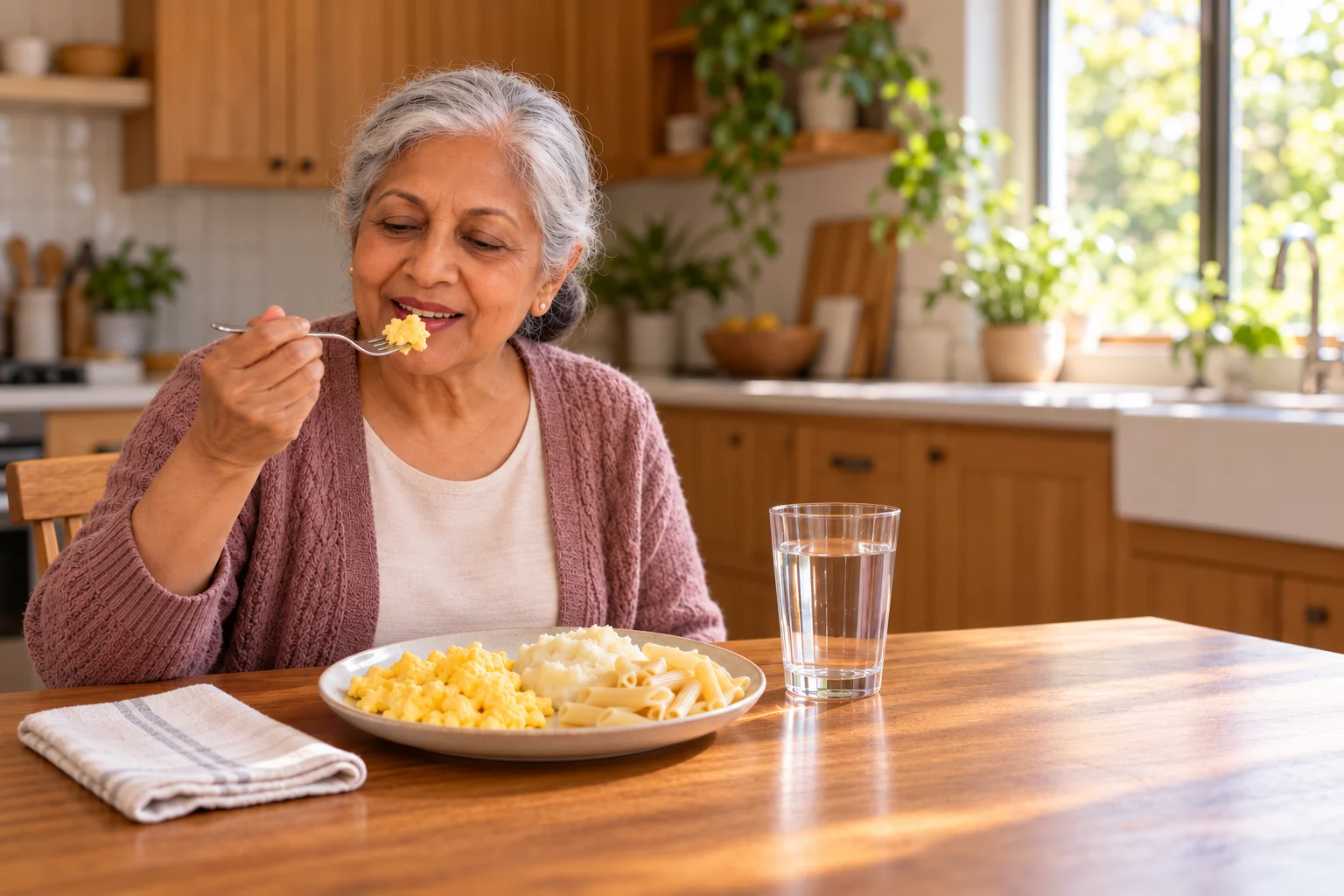 A smiling older woman with silver hair and a rose cardigan eats a forkful of scrambled eggs at a wood kitchen table. Her plate also holds mashed potatoes and soft pasta, with a glass of water beside it, in a sunny kitchen with plants.