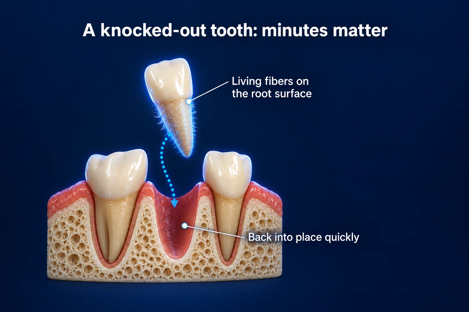 A front tooth floats above an empty socket in a cut-away of gum and bone on a dark blue background, under the title A knocked-out tooth: minutes matter. Fine glowing fibers cover its root, labeled Living fibers on the root surface, and a dotted arrow leads down into the socket, labeled Back into place quickly.