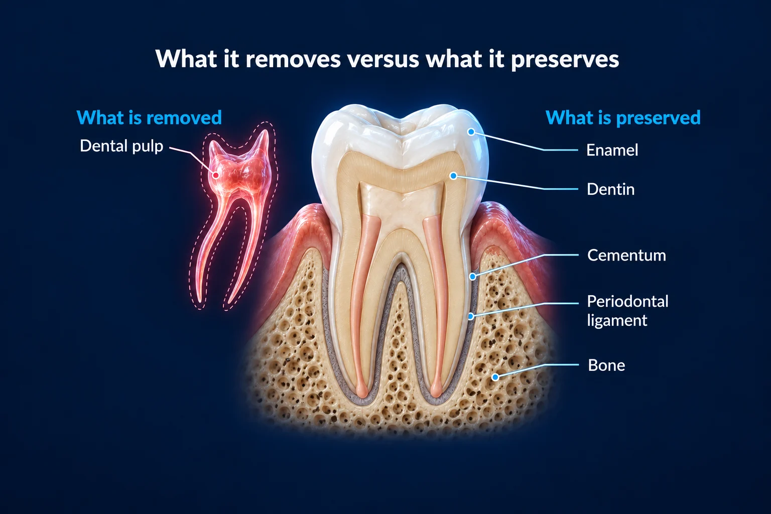 A treated molar cut in half in the gum and jawbone on a dark blue background. On the left, the glowing pink pulp floats out of the tooth, labeled What is removed: Dental pulp. On the right, labels under What is preserved point to the enamel, dentin, cementum, periodontal ligament and bone.