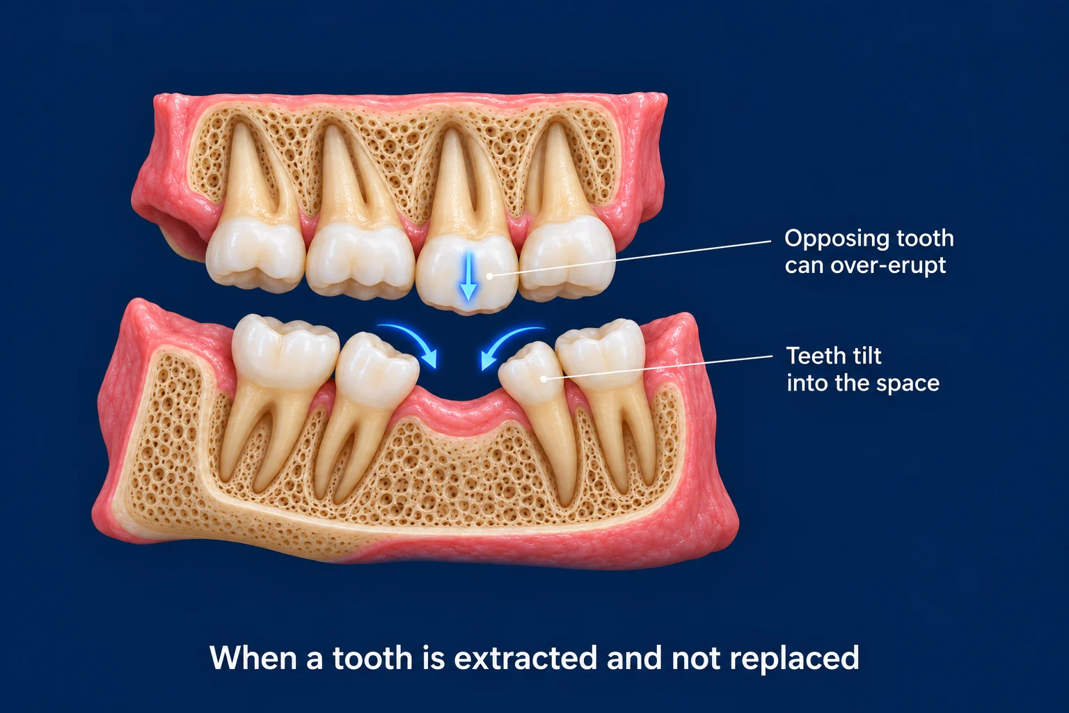 A side view of upper and lower back teeth set in bone on a dark blue background. One lower tooth is missing, and blue arrows show the two lower neighbors tipping into the gap while the upper tooth above it moves down. Labels read Opposing tooth can over-erupt and Teeth tilt into the space, with the caption When a tooth is extracted and not replaced.