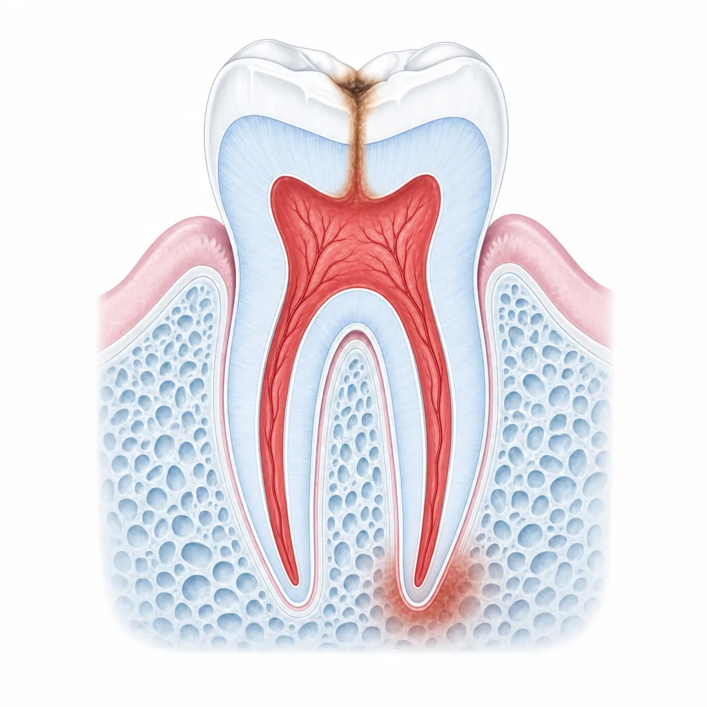 Cross-section illustration of a tooth before treatment, with inflamed tissue and an infection pocket at the root tip.